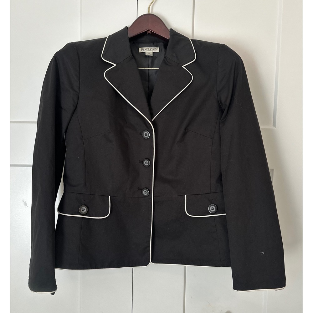 Pendleton Womens Black Blazer White Contrast Piping Peplum Hem Size 12 Jacket